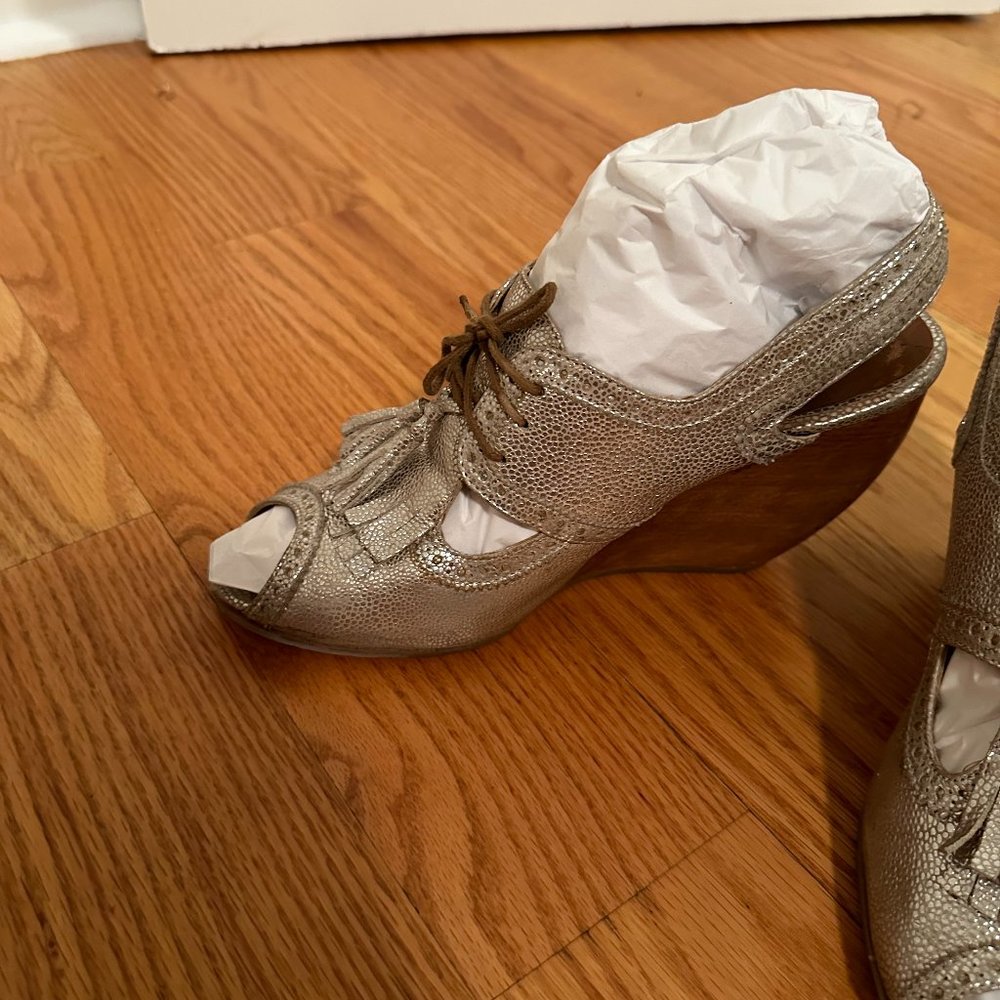 Rachel Comey Metallic Brogue / Lace Up Heeled Wedges - Size 9